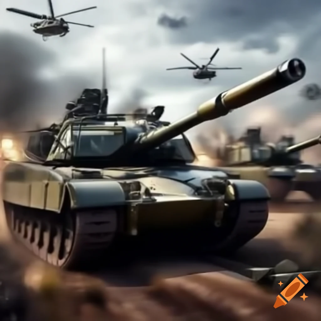 Military tanks and helicopters near school, depicting armed presence