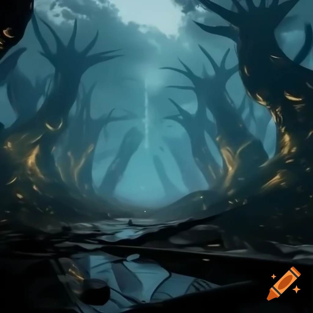 Futuristic landscape merging nature and technology in abandoned forest