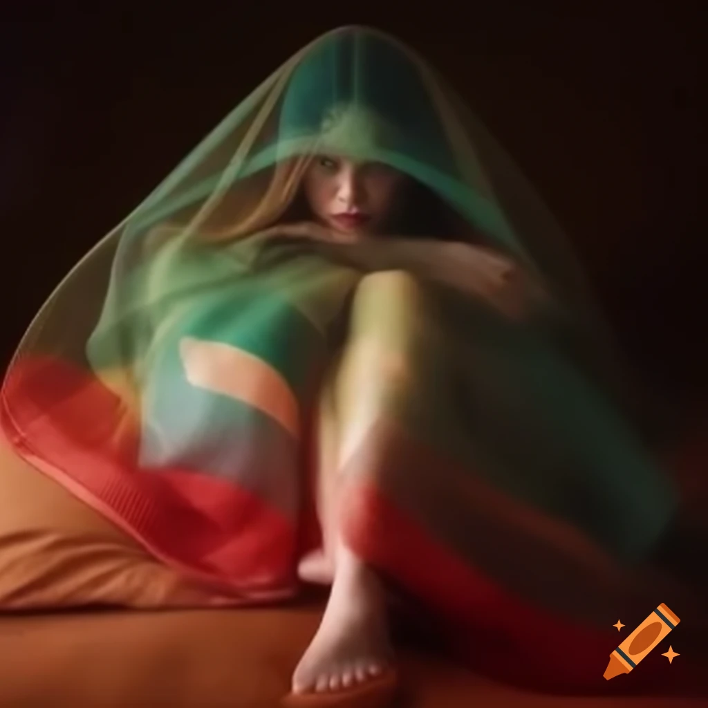 Caucasian woman with brown eyes partially hidden by colorful veil in a fantasy harem tent