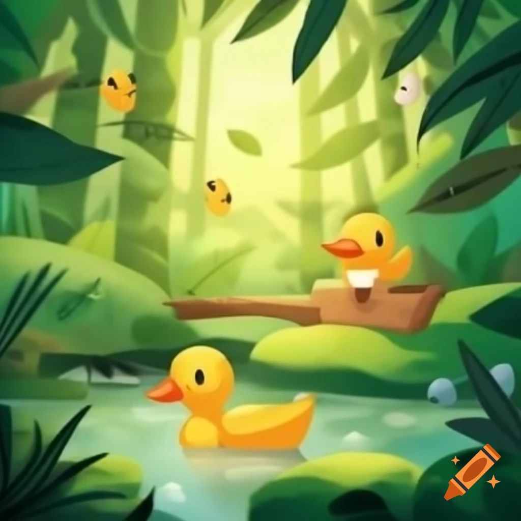 Duck swimming in jungle drawn in a non-realistic style