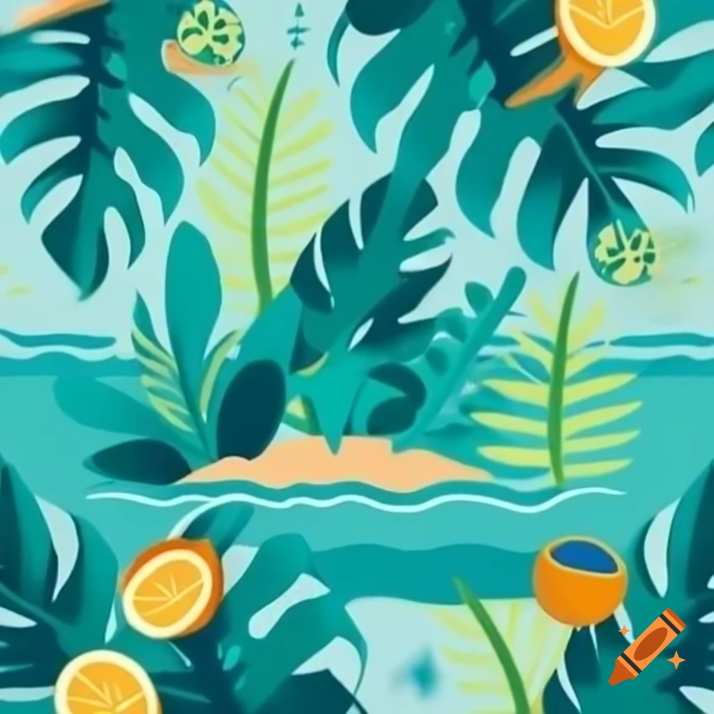Tropical design featuring palm leaves, ocean waves, and exotic fruits