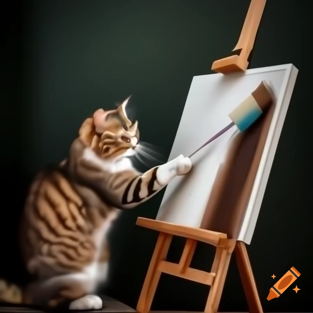 Cat painting on easel in humorous scene