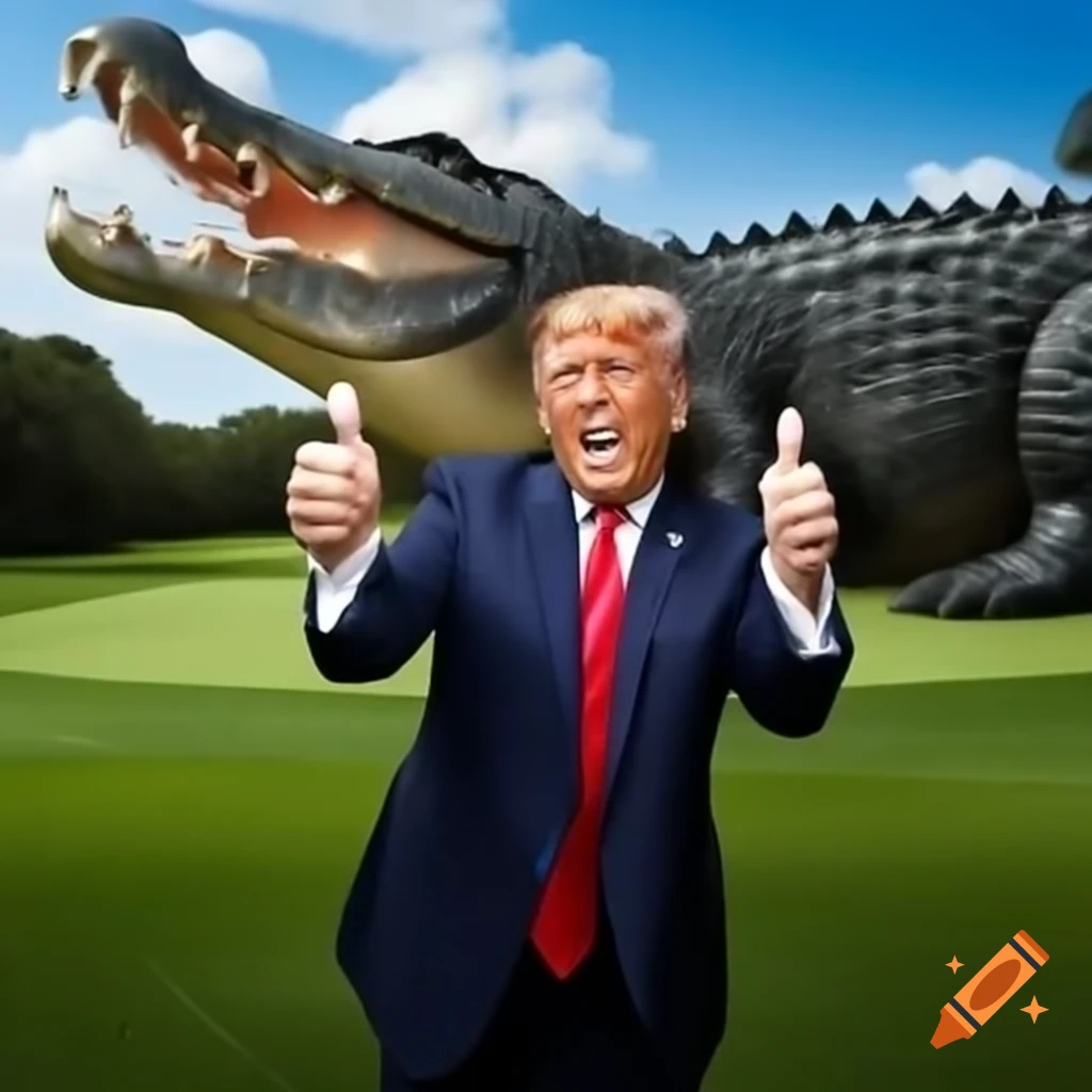 Photorealistic satire of Donald Trump golfing, chased by giant alligator