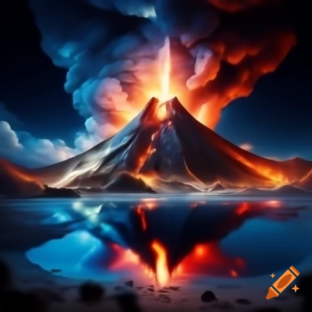 Imposing volcanic mountain with bubbling lava, dark clouds and lightning, topped with an ancestral dragon guarding golden treasure