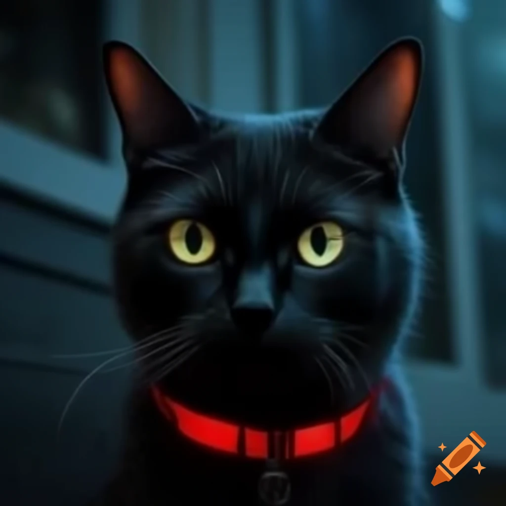 Realistic black cat with red collar perched on building at night