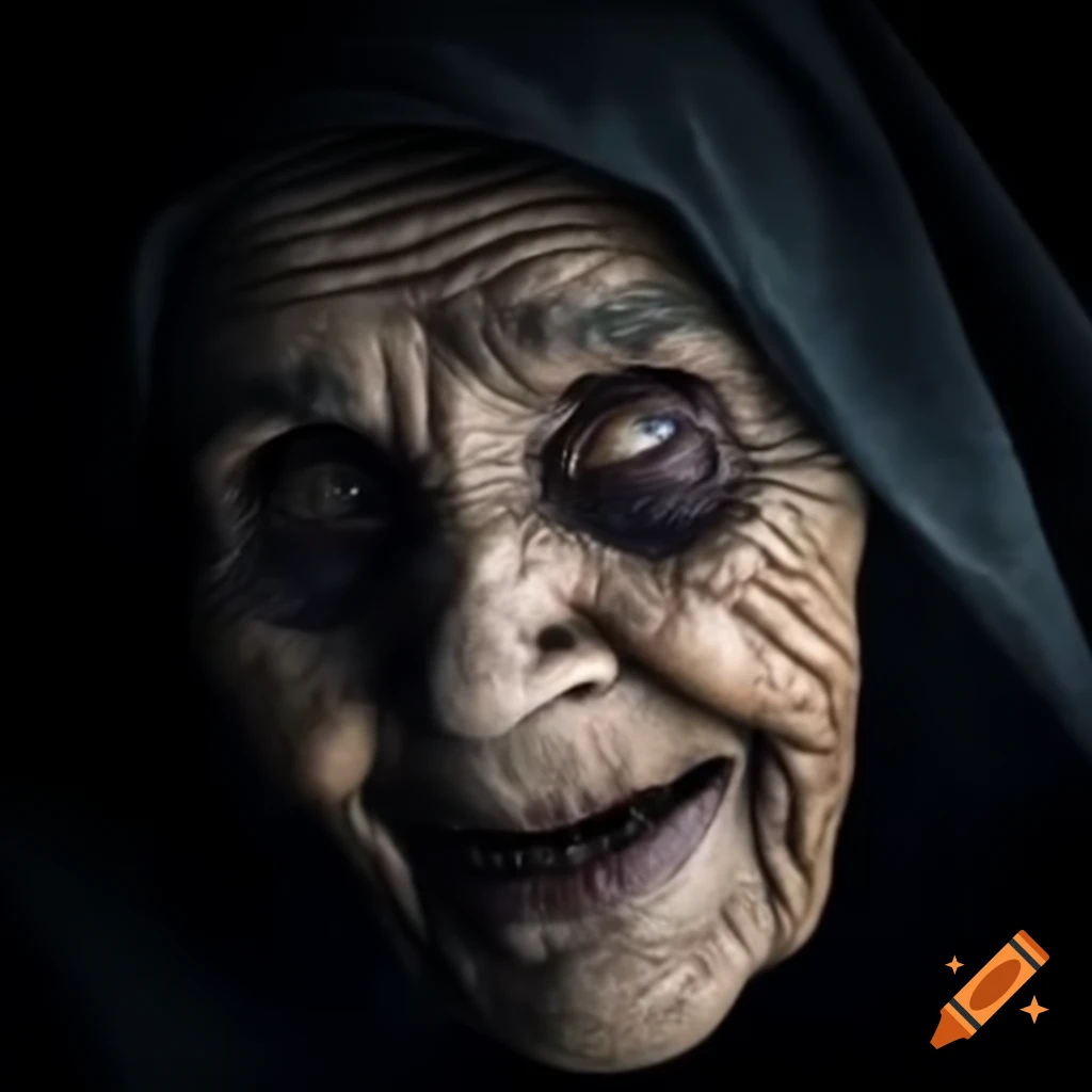 Dark vintage portrait of a frightening old woman