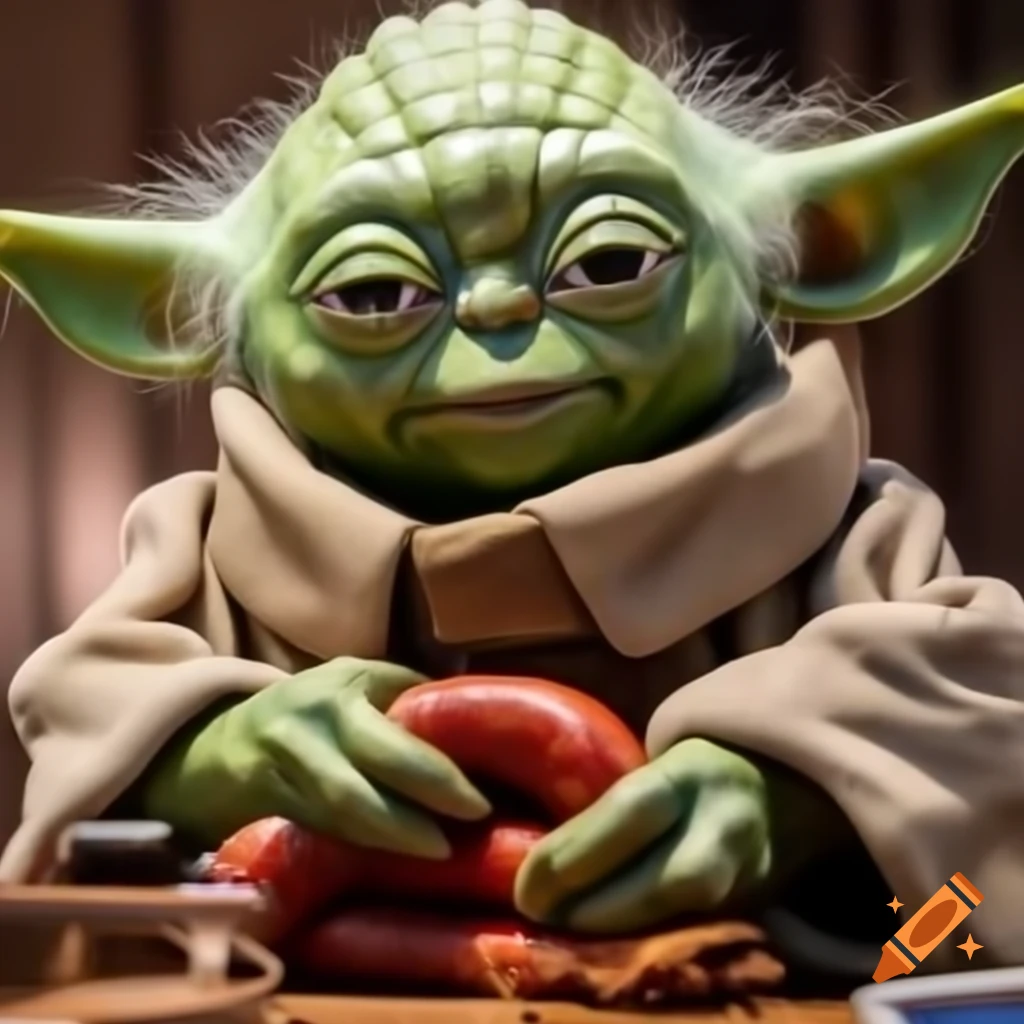 Master Yoda with sausage, humorous depiction