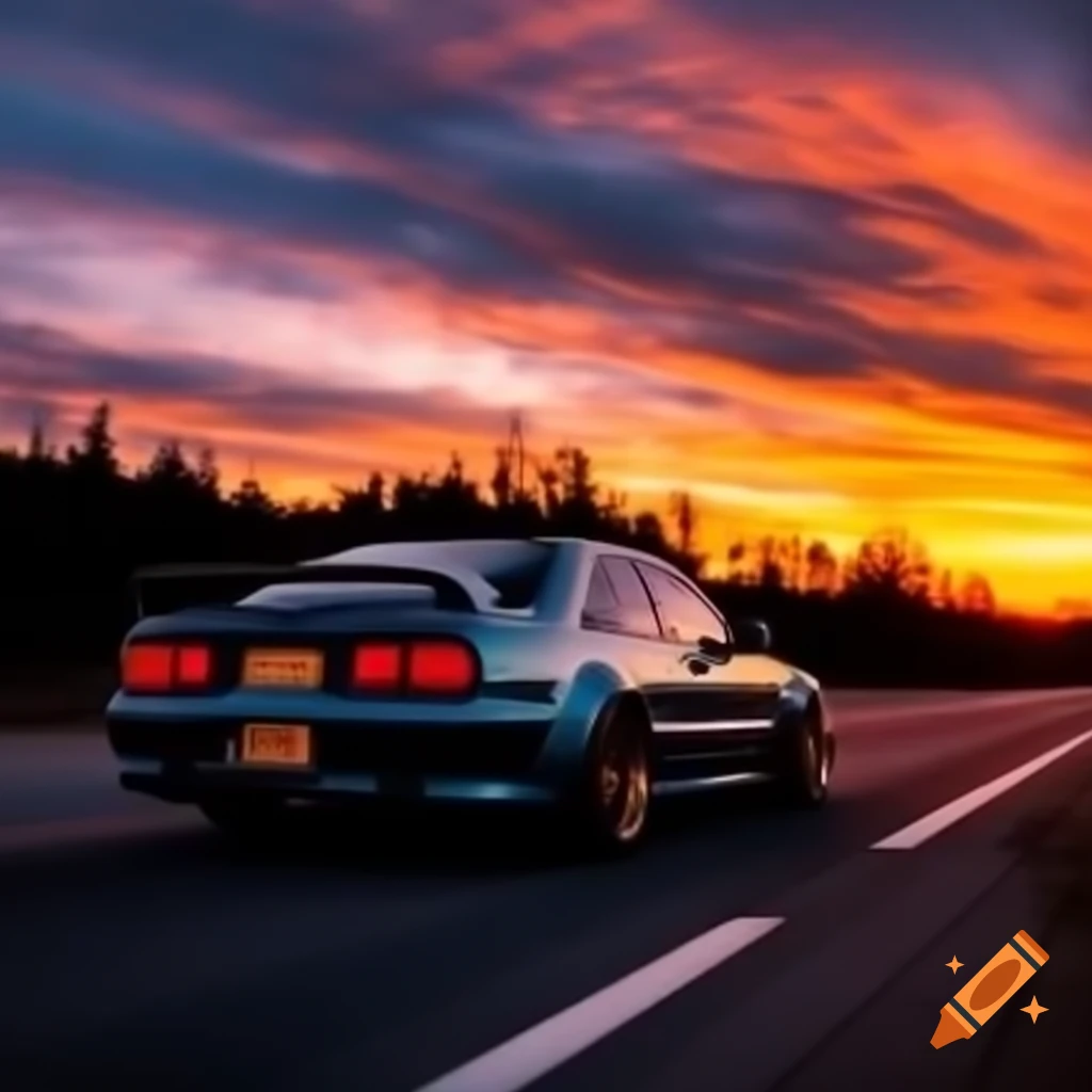 Car silhouette against vibrant sunset