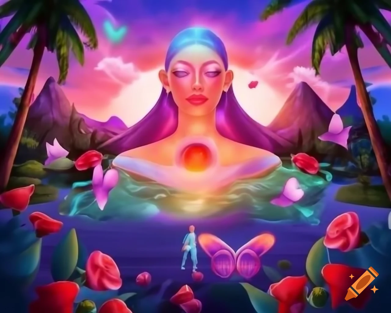 Surreal woman with vibrant wig and freckles in dreamlike sunset setting