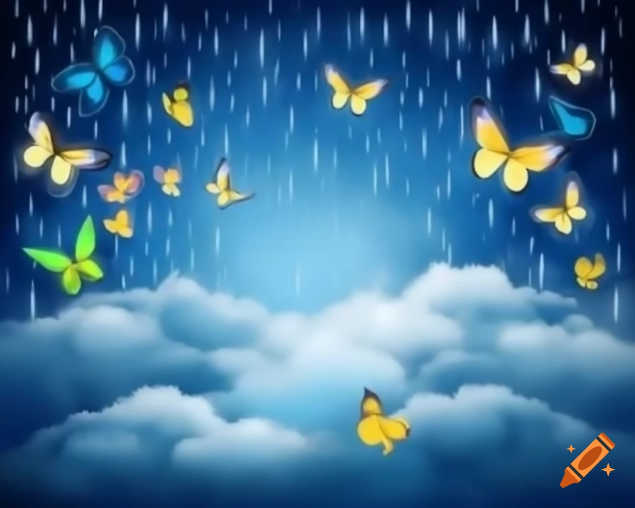 Colorful butterflies against clouds with rain in the background