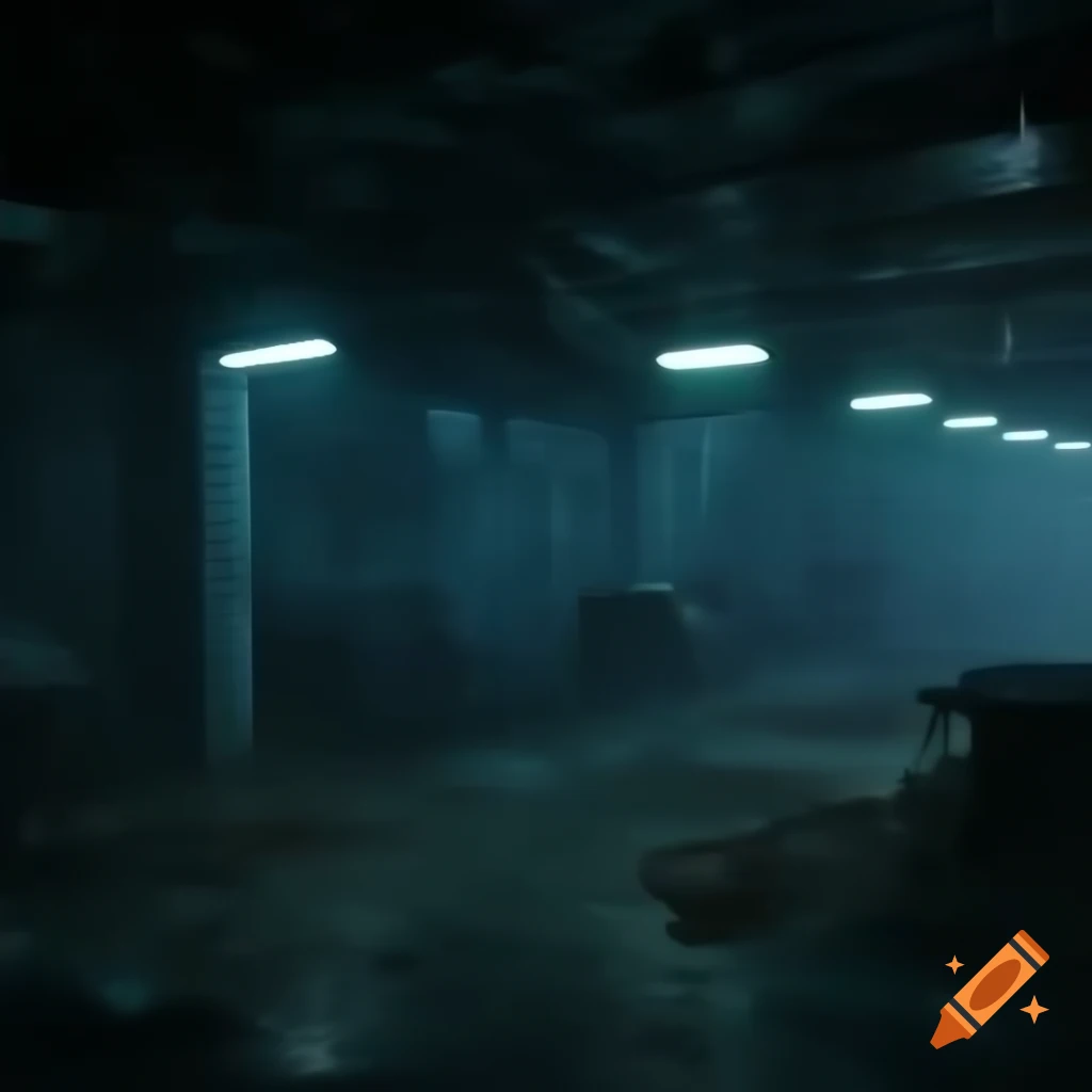 Dystopian cyberpunk underground nightclub with graffiti and metal walls, high contrast shading