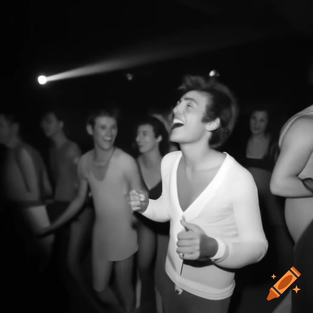 Male drum and bass fan dancing at dark rave, wearing white cardigan and smiling