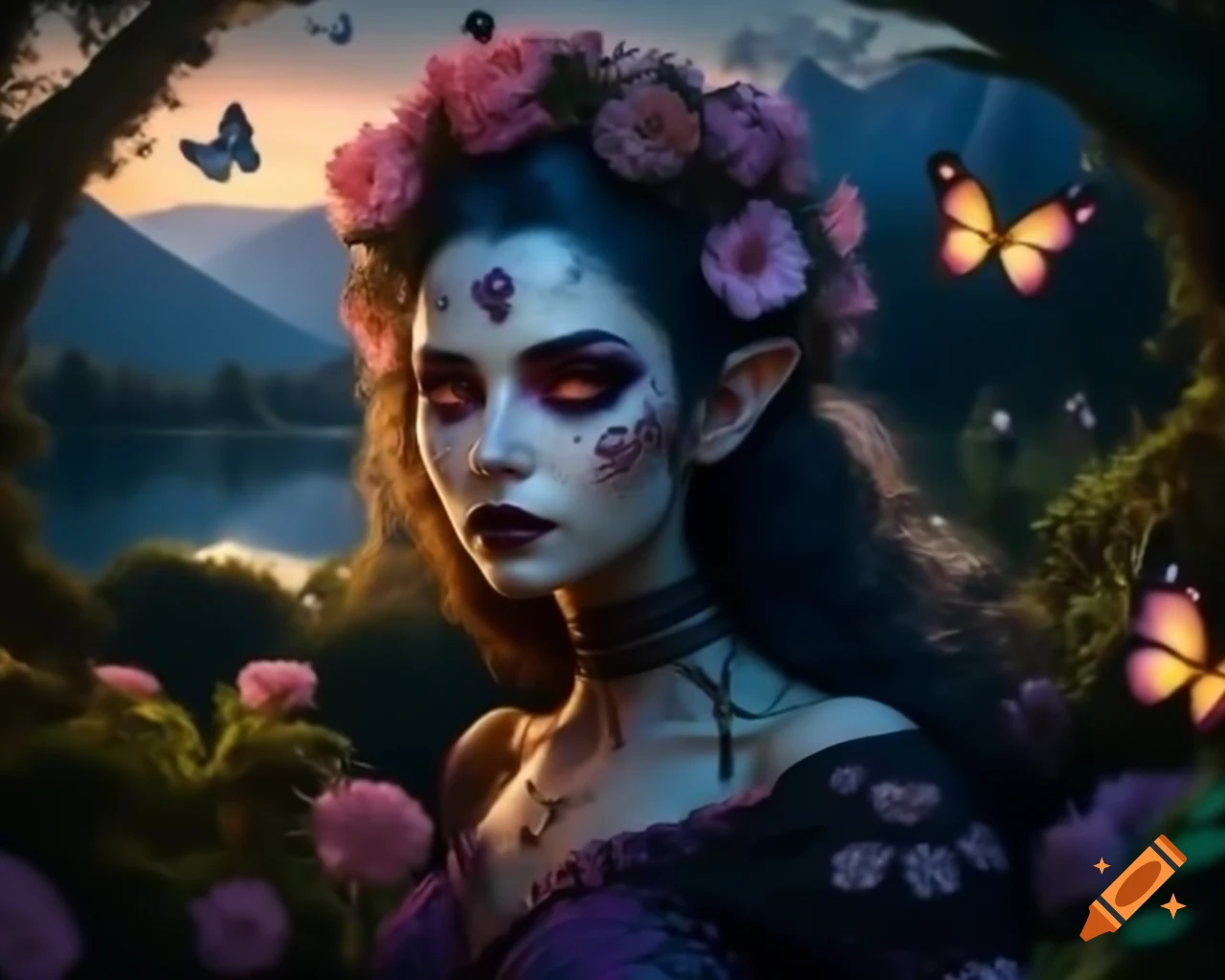Hyperrealistic Gothic woman with flowers and butterflies in hair, deep eyes, and freckles