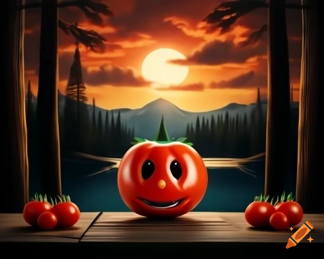 Photorealistic 3D render of human face made of tomatoes surrounded by tomatoes