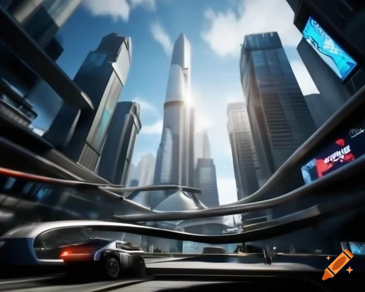 Futuristic cityscape with glass buildings, holographic ads, and flying cars