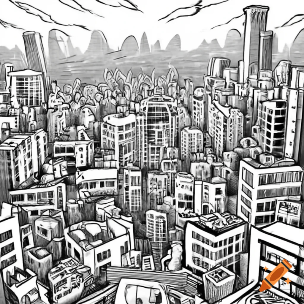 Sprawling cityscape impacted by giant ape, depicting conflict between power and resilience