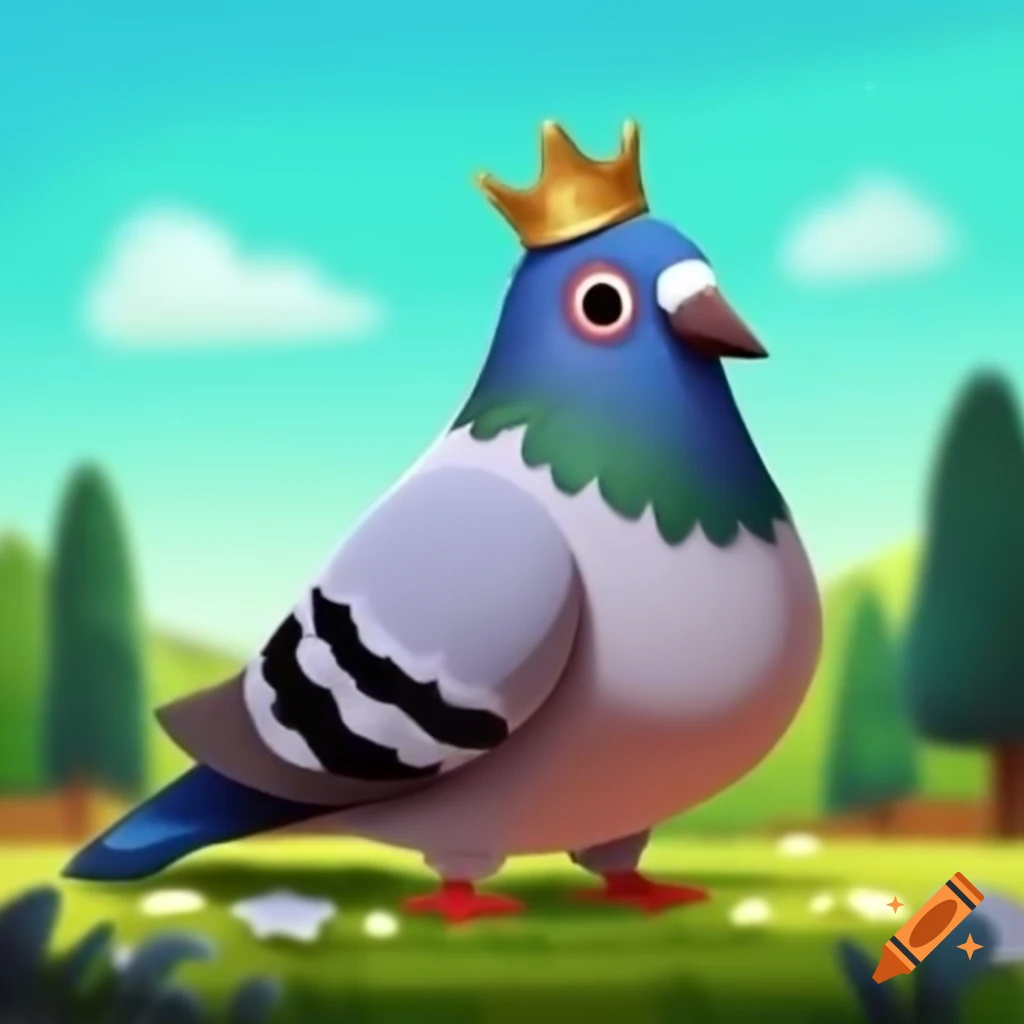 Cartoon pigeon with king chess piece crown in vibrant colors on sunny field