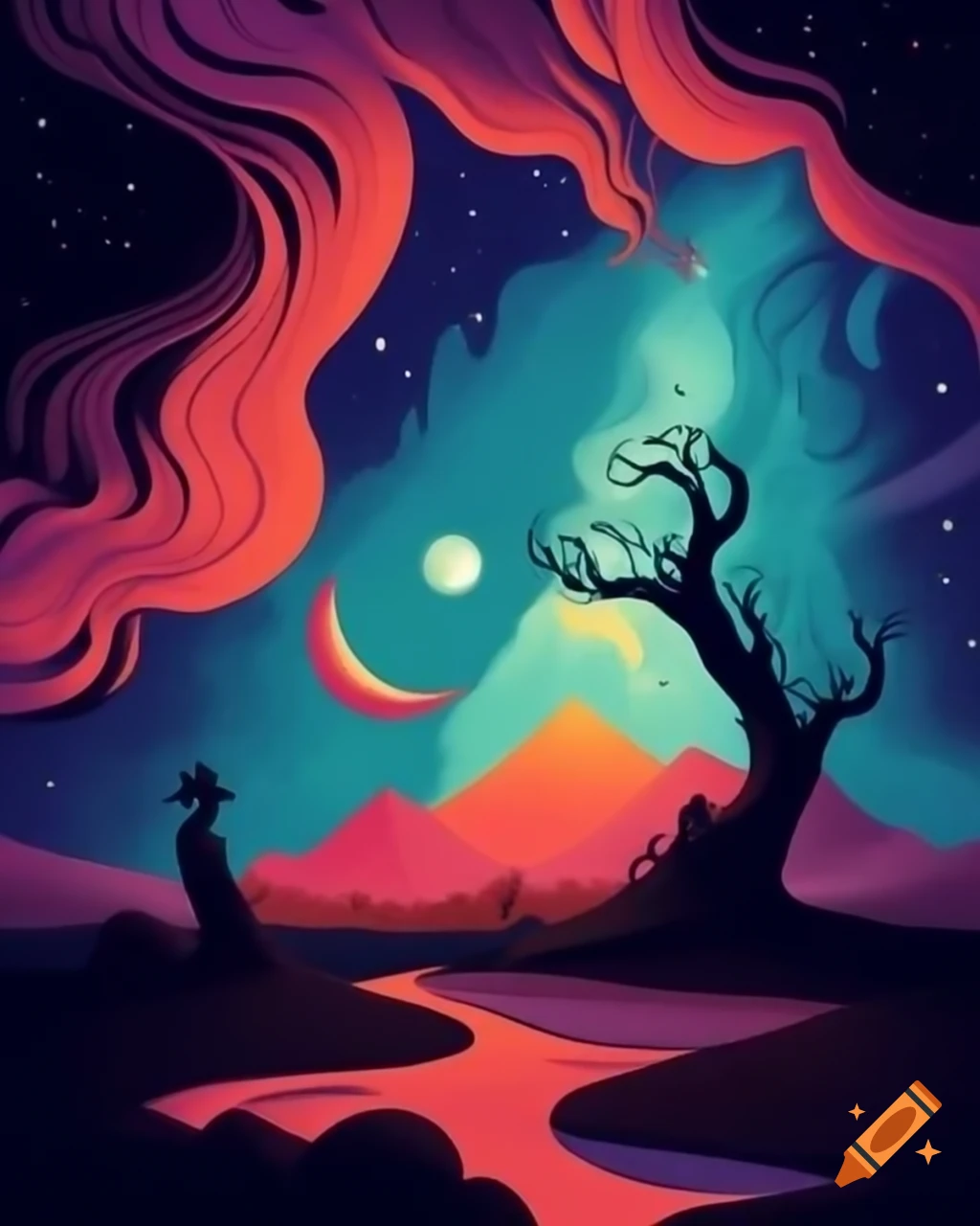 Surreal landscape with melting elements and cosmic midnight sky