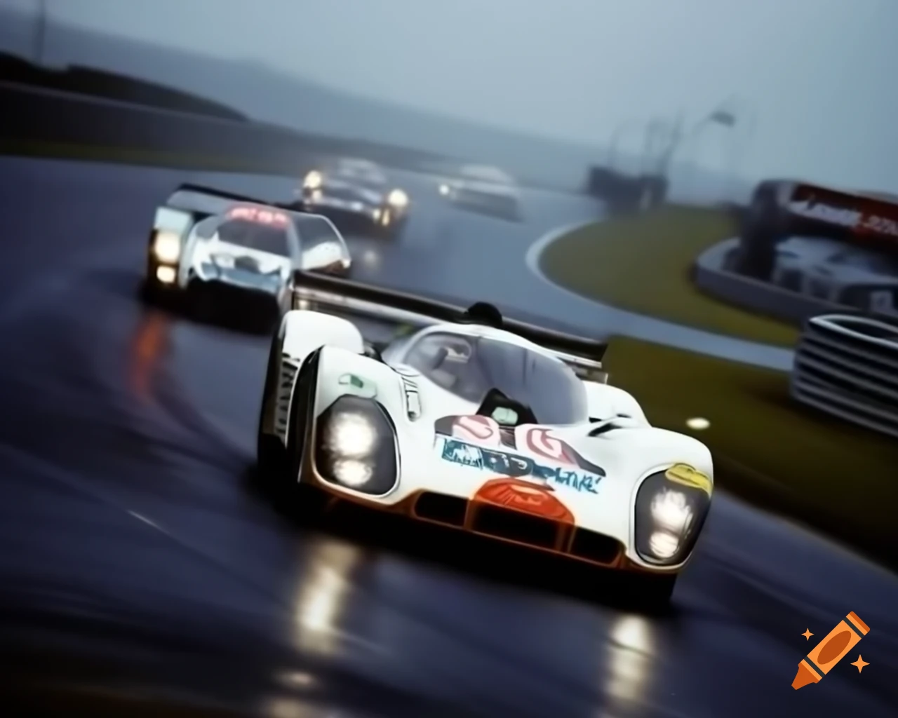 Le Mans oldtimer racing scene with cars navigating a curve in pouring rain