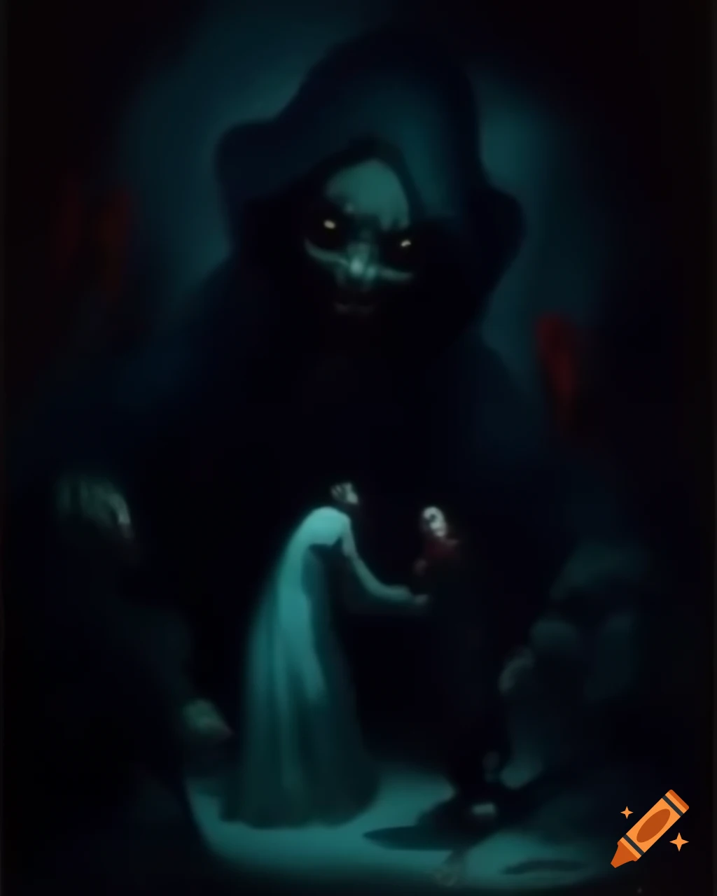 Dark, foreboding environment with shadowy figure whispering curse at lone person