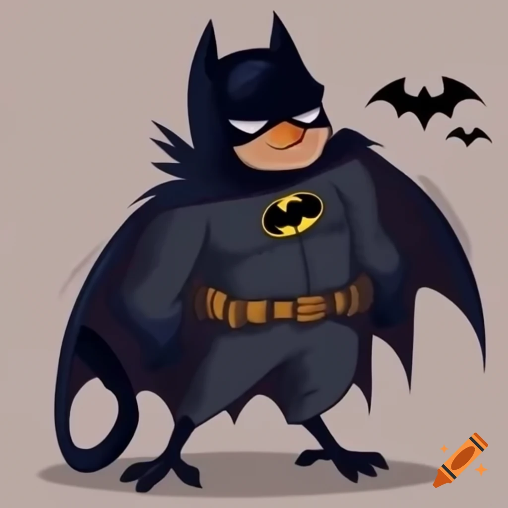 Cat dressed as Batman pushing another cat in a dark setting