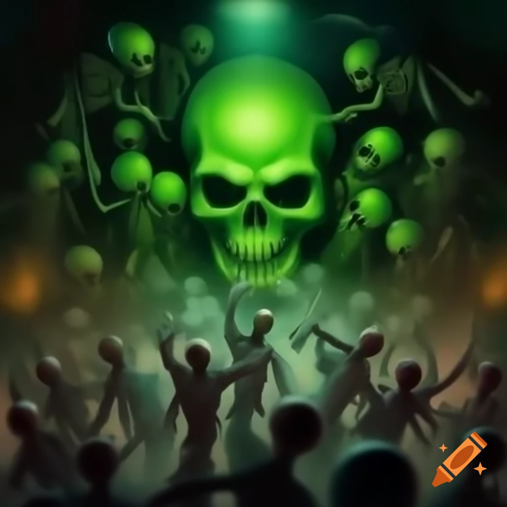 Dancing skeletons, zombies, and demons at disco with green glowing skull