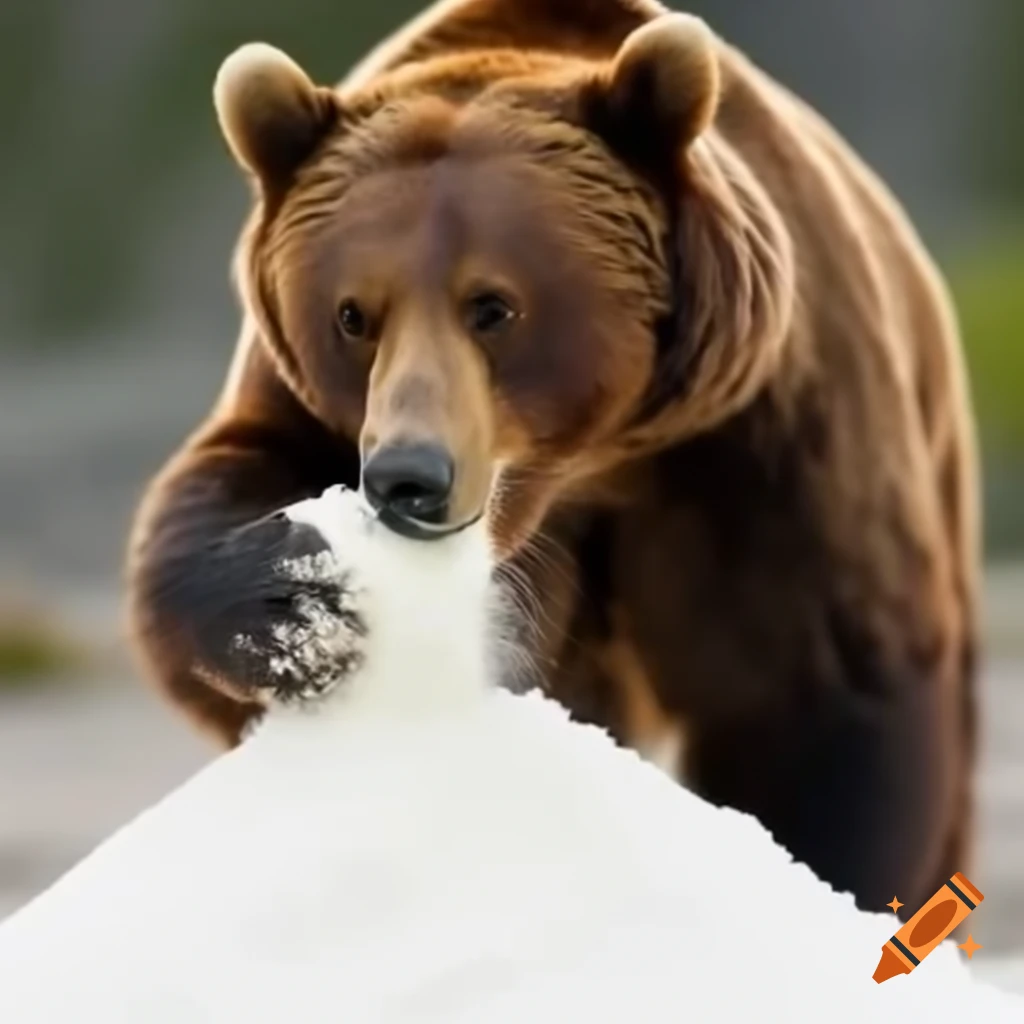 Brown bear playing in white powder, possibly snow