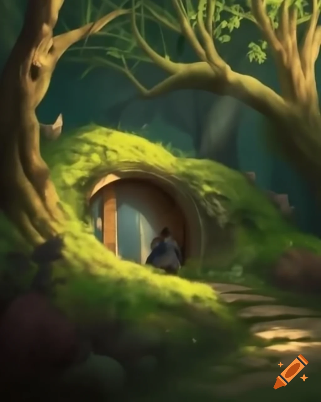 Cozy hobbit hole hidden beneath ivy-covered oak
