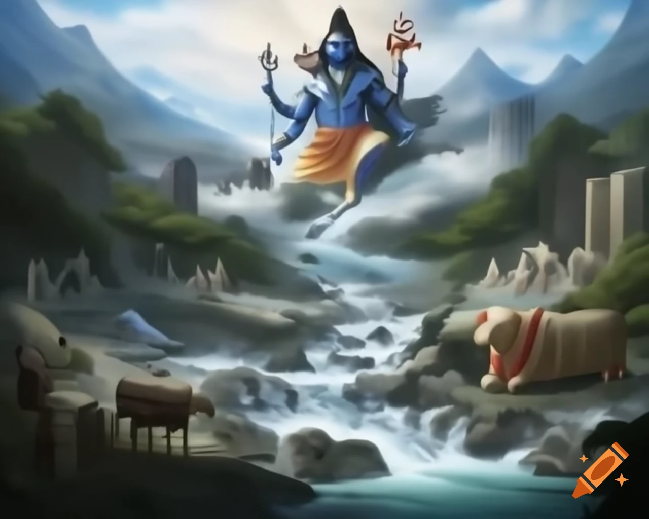River with large Nandi statues flowing towards mountain with massive Shiva Linga