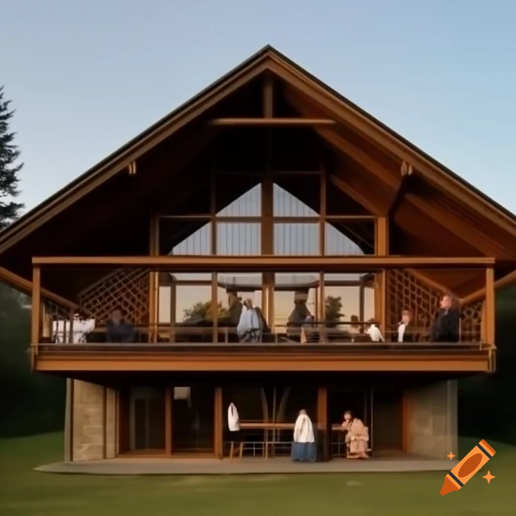 Wooden house with balcony and separate gathering area