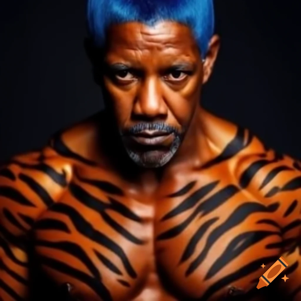 Muscular figure resembling Denzel Washington with tiger makeup and colorful hair