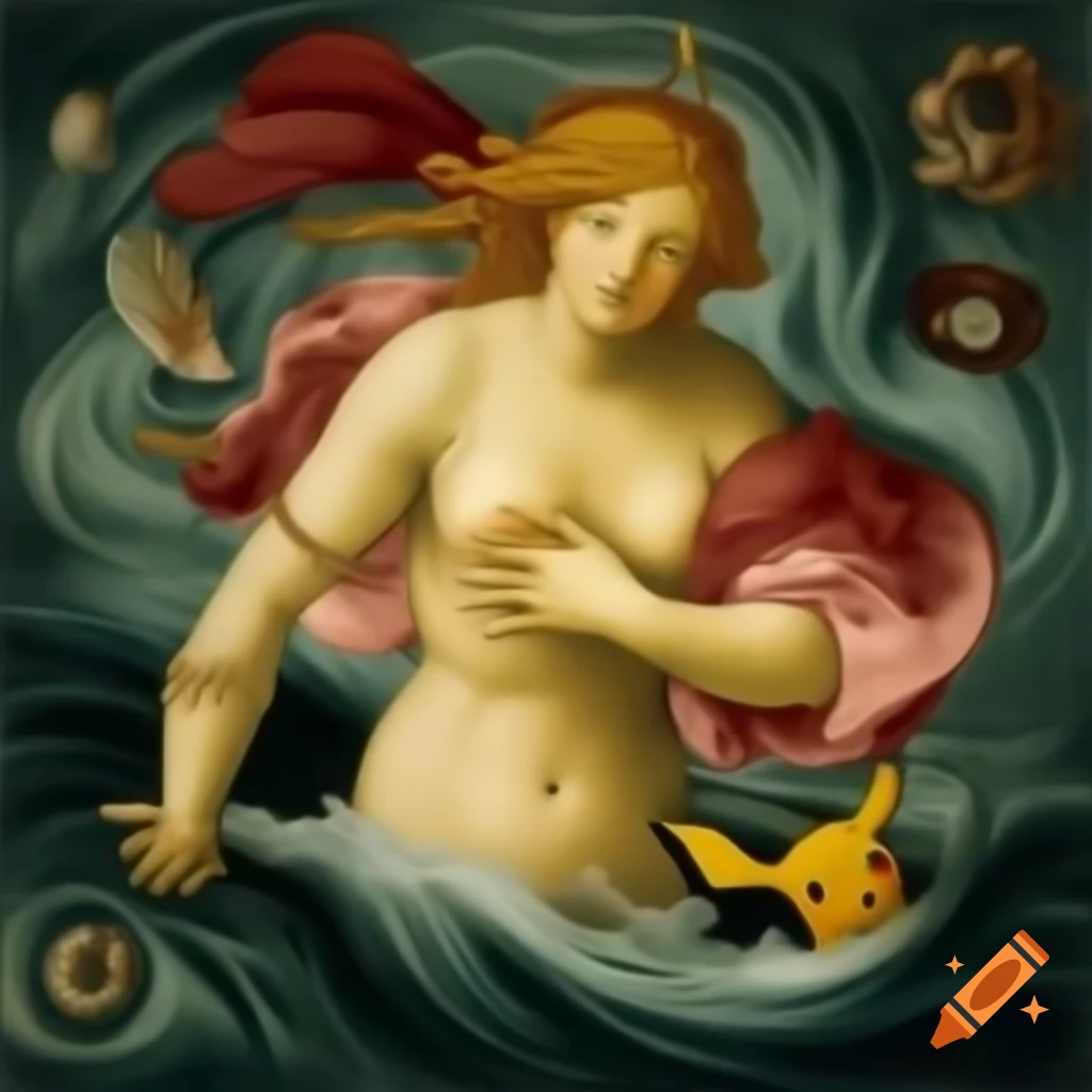 Radiant Pikachu in electric sea, inspired by Botticelli's Birth of Venus
