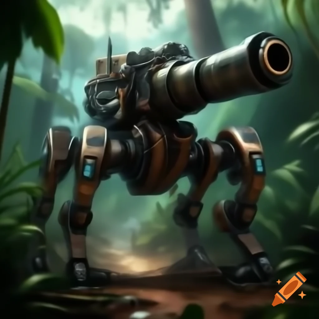 High-tech sentinel cannon with robotic legs carrying beer kegs in jungle battlefield
