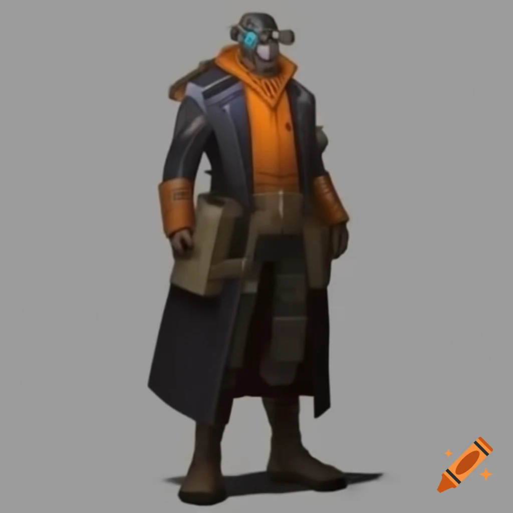 Dystopian science fiction character costume design of an engineer with orange accents
