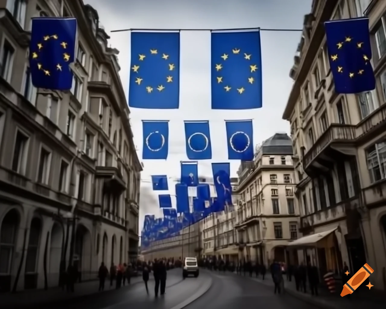 European boulevard with EU flags, people strolling, and soldiers patrolling