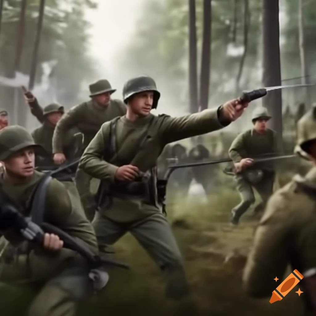World War II soldiers engaged in battle in a forest