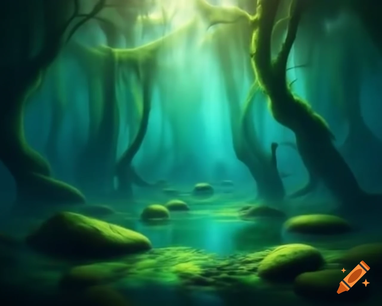 Tranquil waters reflecting emerald mossy stones in a Zen haven