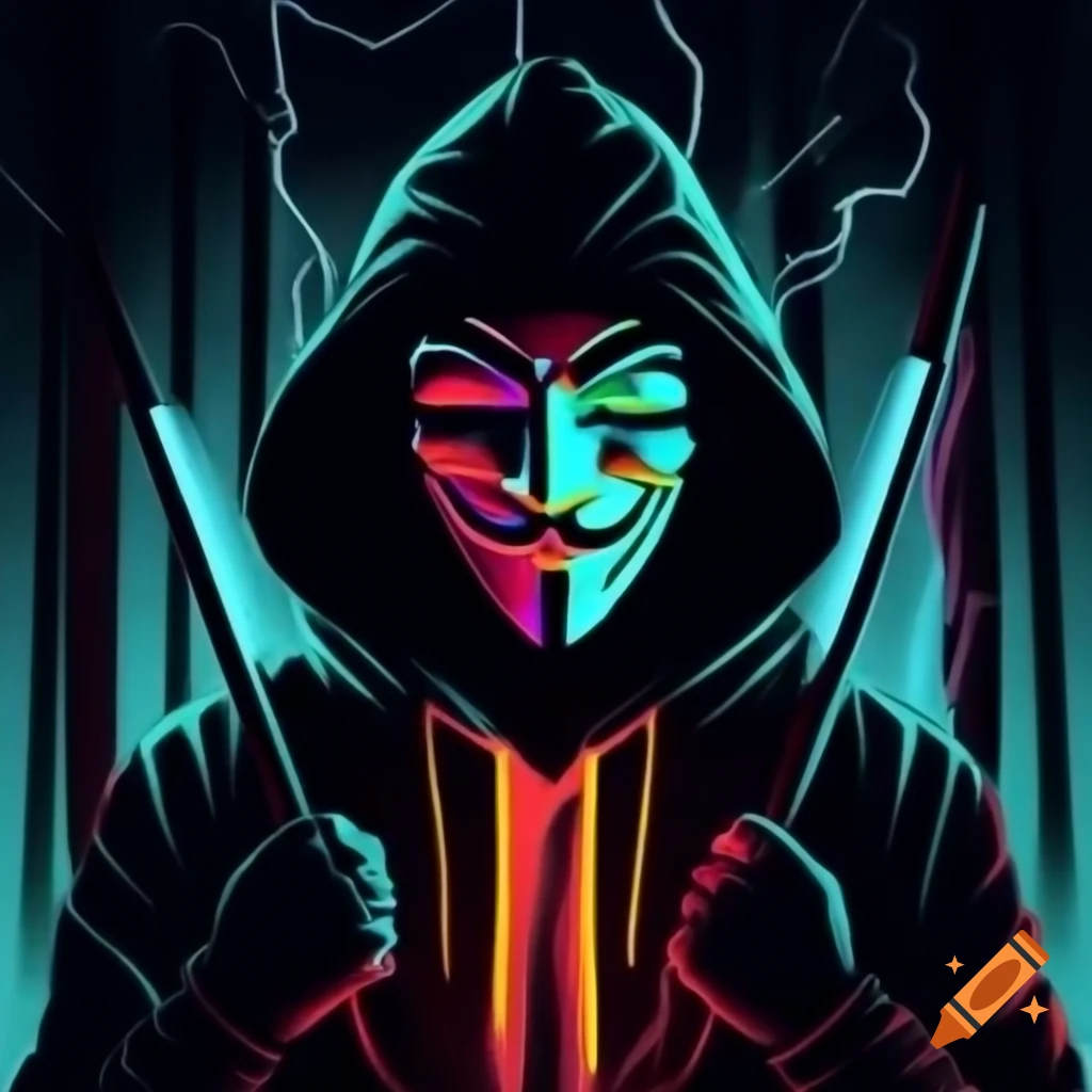 Abstract figure in forest with neon mask and lightsticks during lightning storm in Picasso style