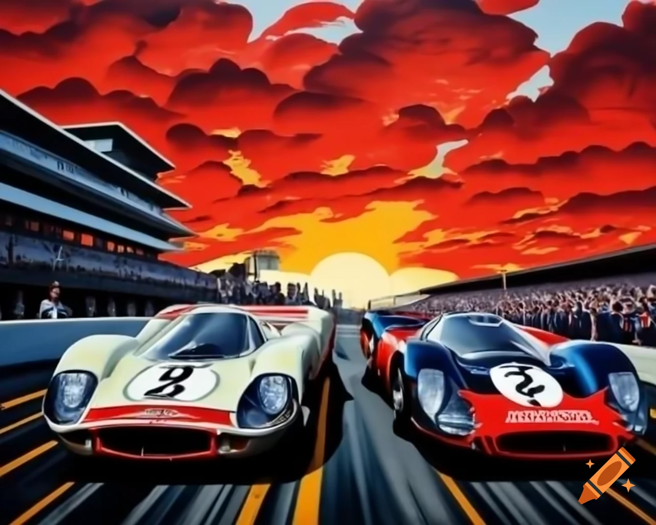 Vintage Indy Grand Prix Porsche 917 and Ford GT40 racing with spectators and red dust clouds