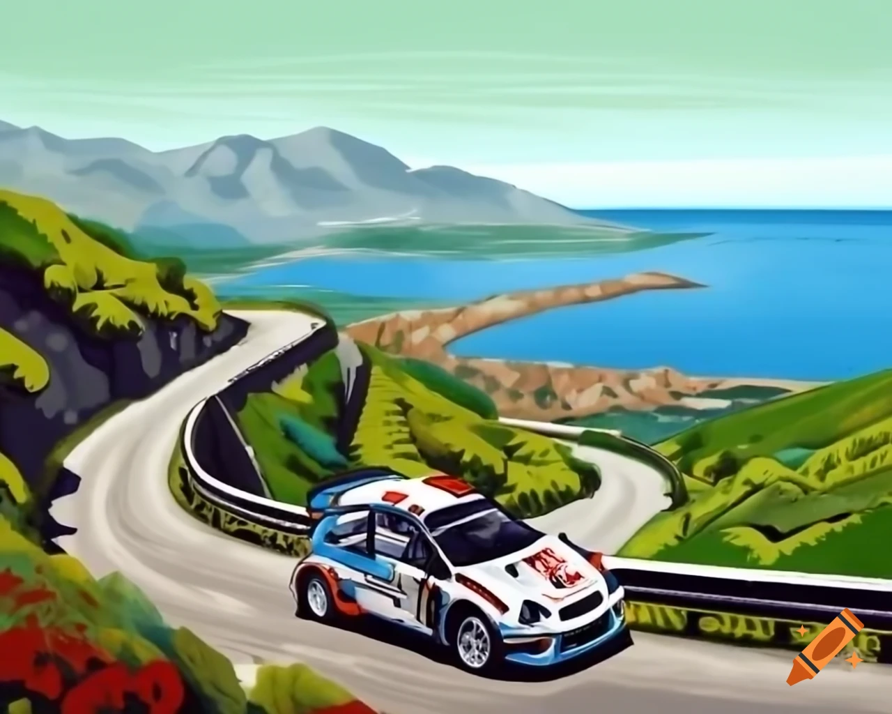 Cars on winding road in French Alps during Rallye Monte Carlo, painted scene