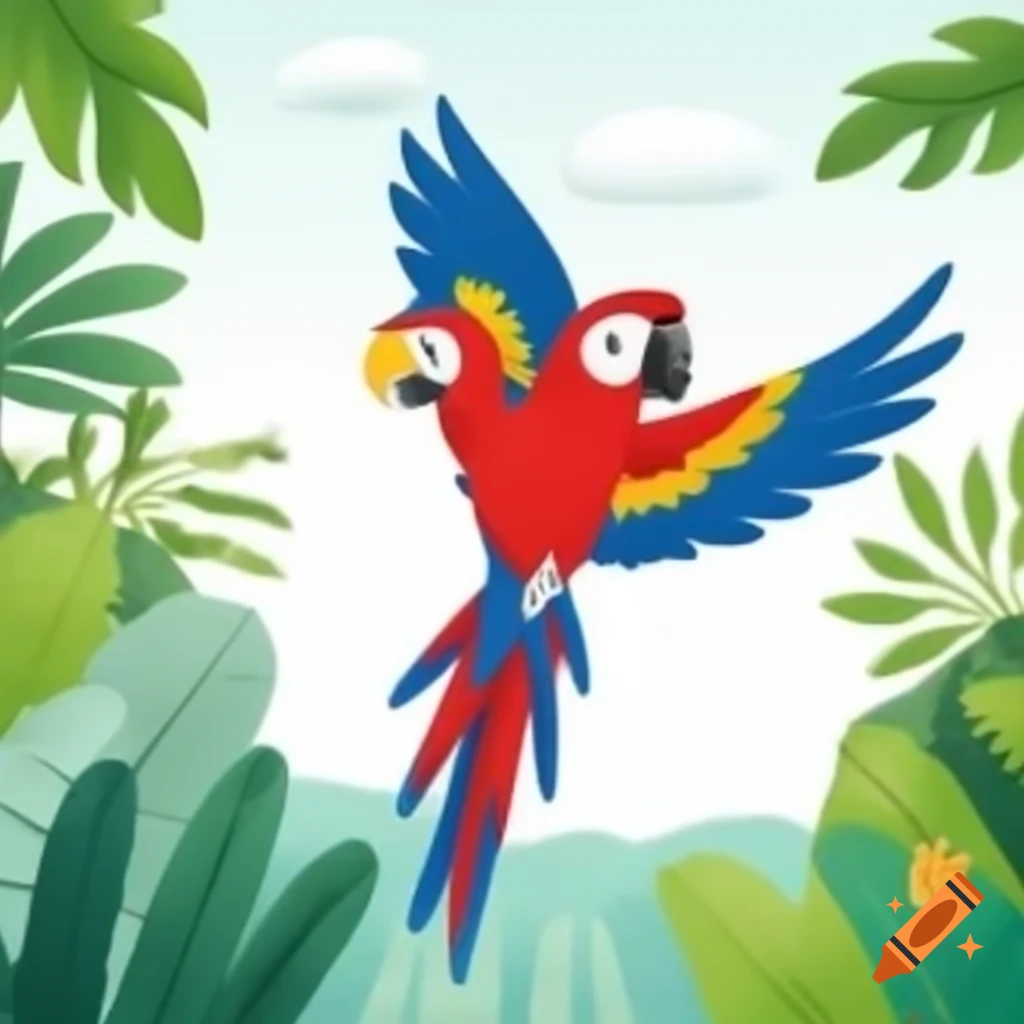 Colorful macaw flying through lush jungle, children's book illustration