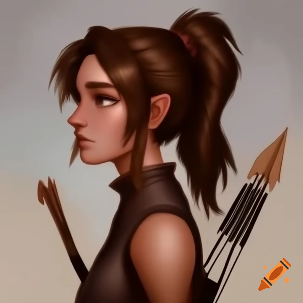 Tall female archer with brown hair and bow and arrow