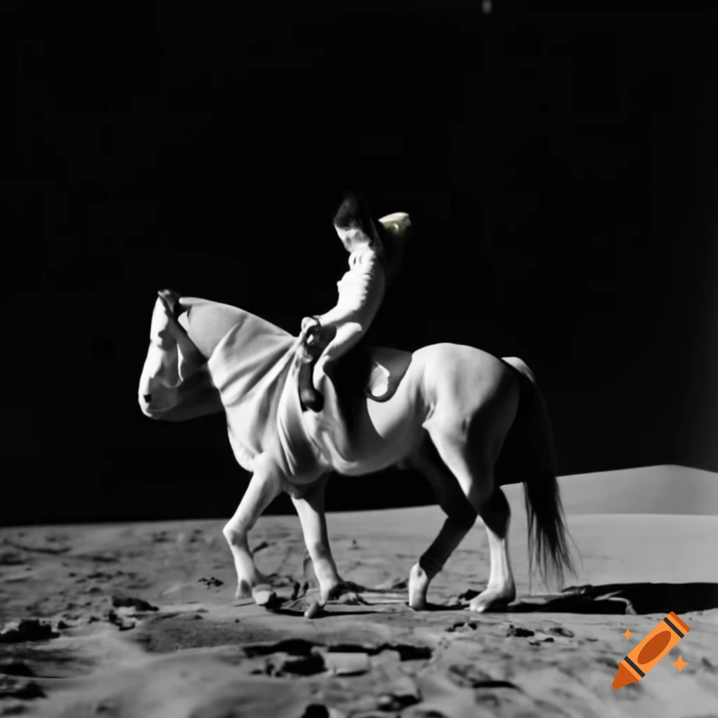 British woman riding horse on moon surface