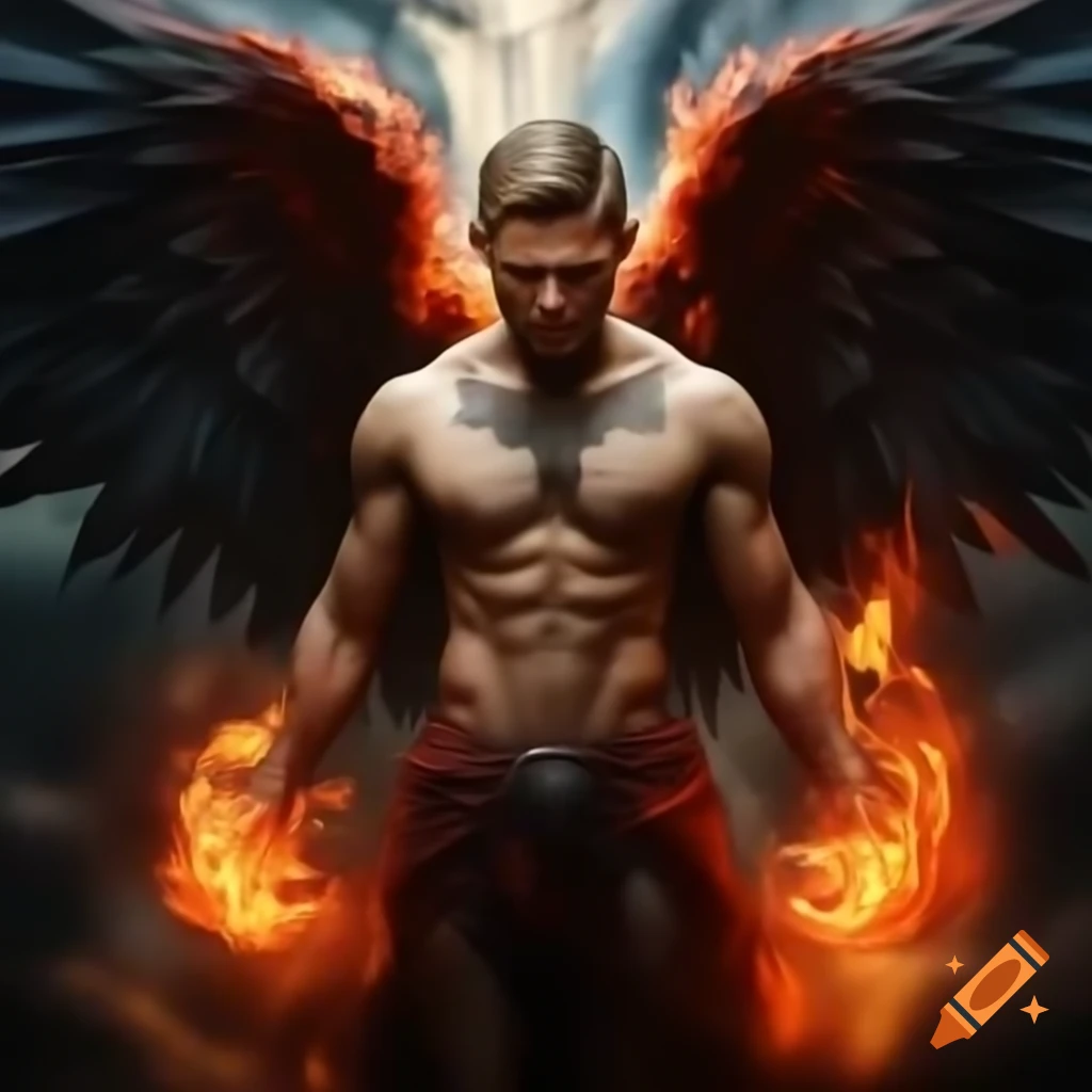 Jensen Ackles portrayed as an angel with flaming wings and red eyes