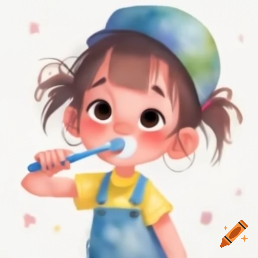 Cartoon girl brushing teeth on white background, watercolor style