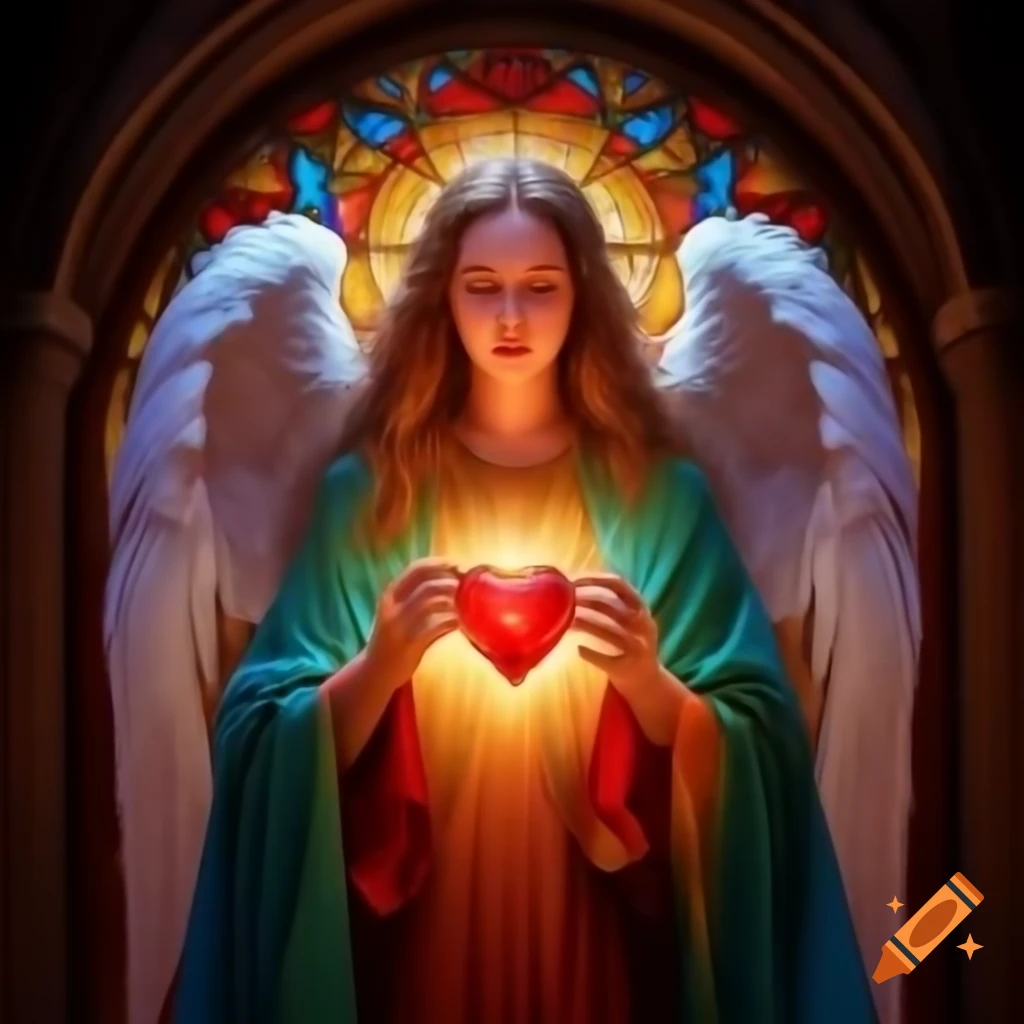 Stained glass depiction of The Hierophant with angelic themes and tarot elements