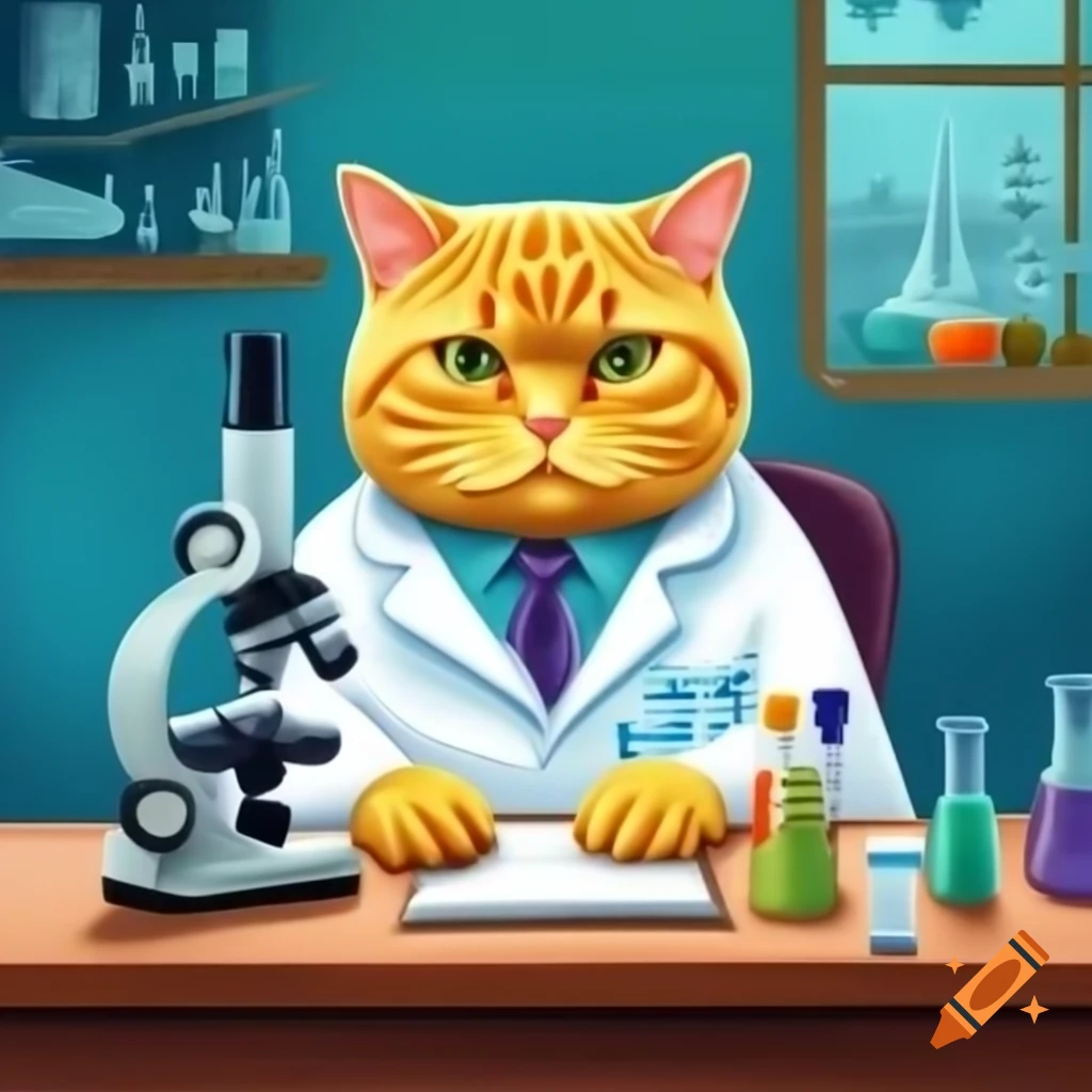 Yellow cat dressed as pathologist working with microscope in laboratory
