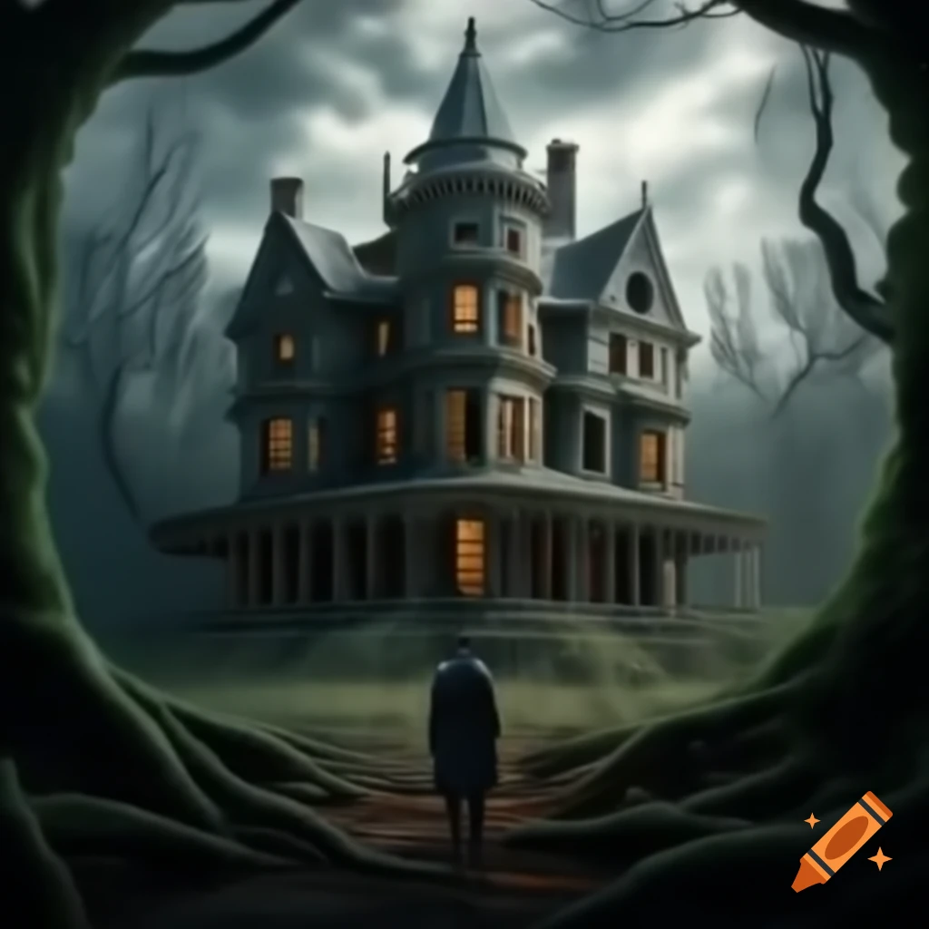 Wide shot of Rajju at dense forest edge, staring at an abandoned, vine-covered mansion