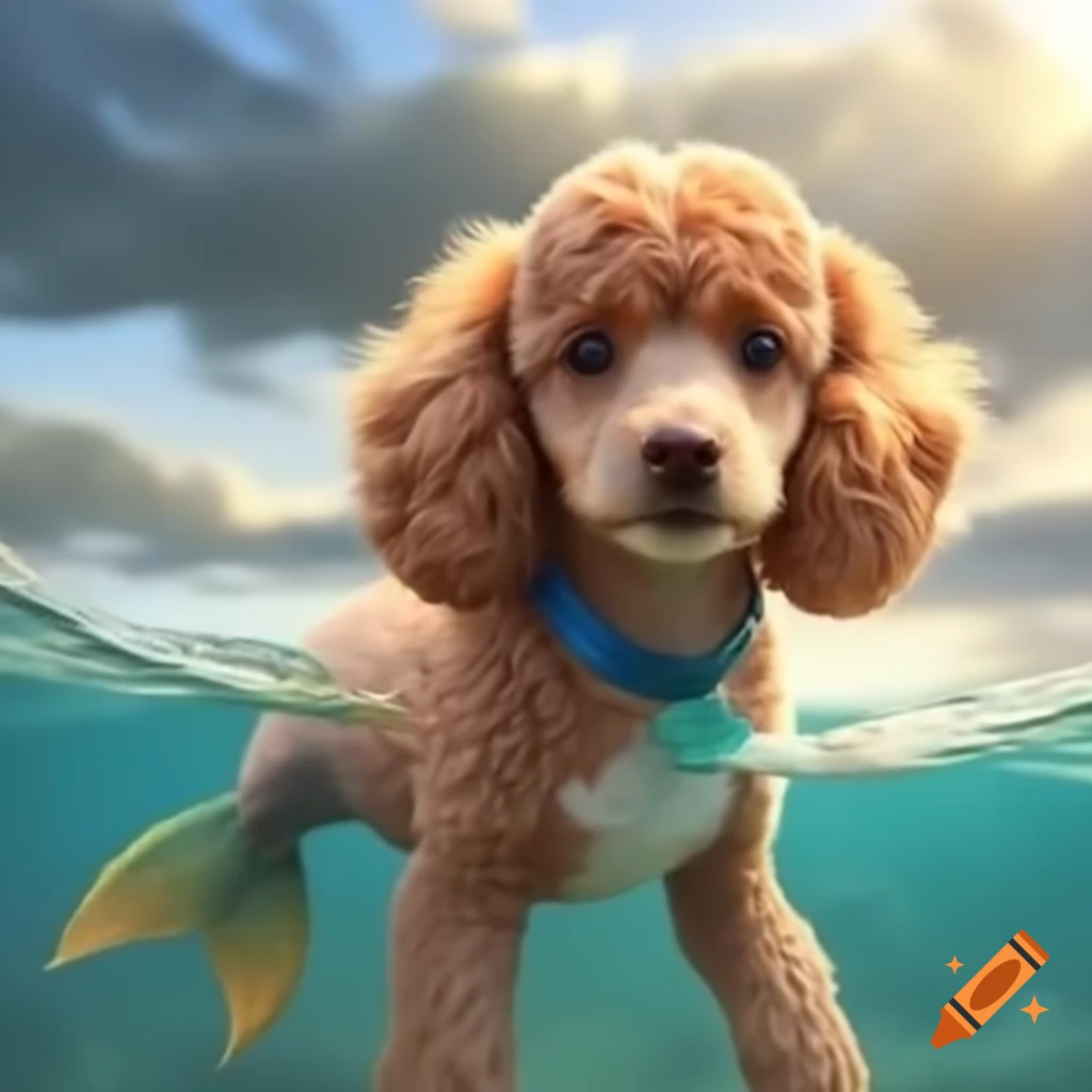Mermaid-themed poodle dog with colorful tail