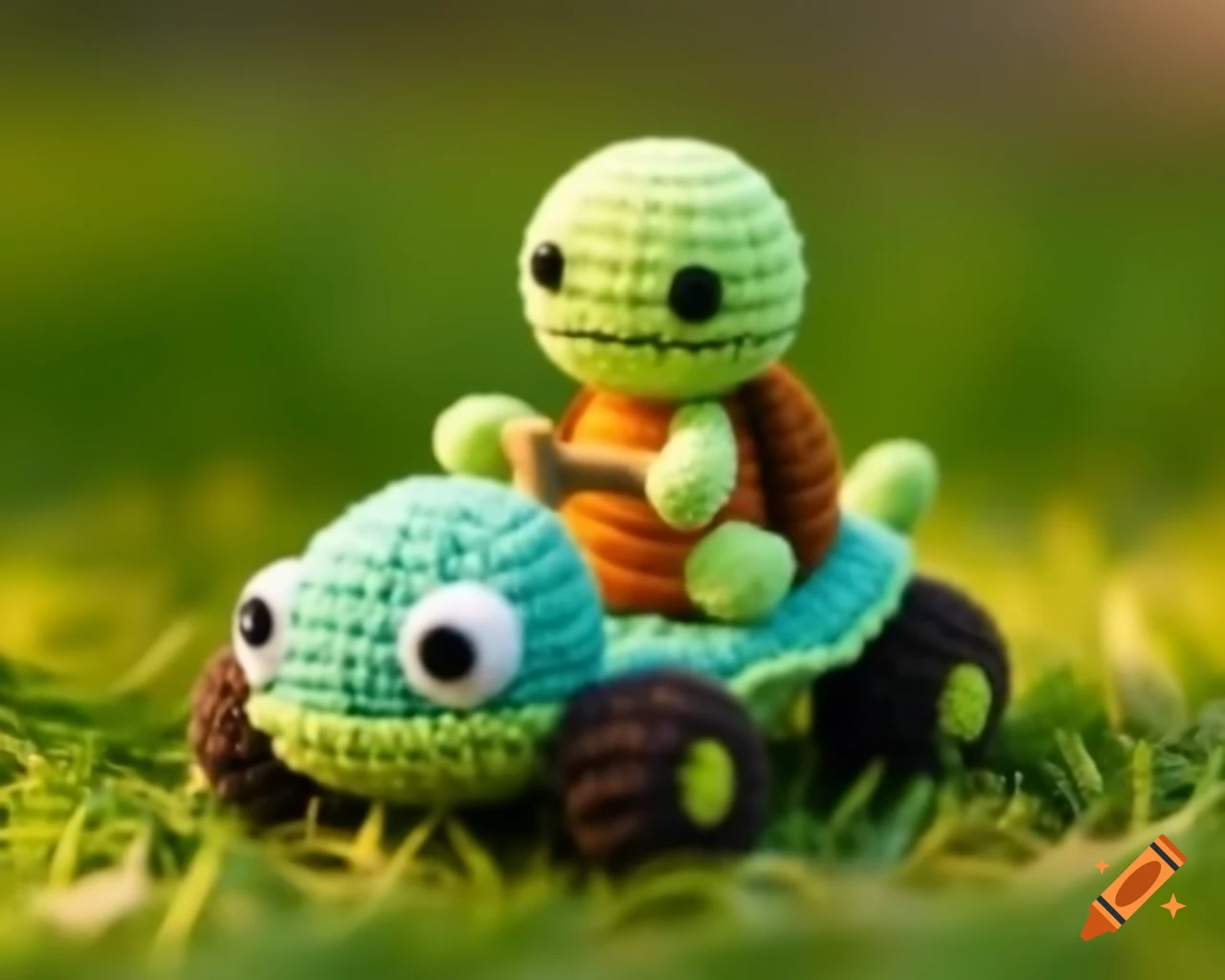 Kawaii turtle amigurumi figurine driving a kart on grass